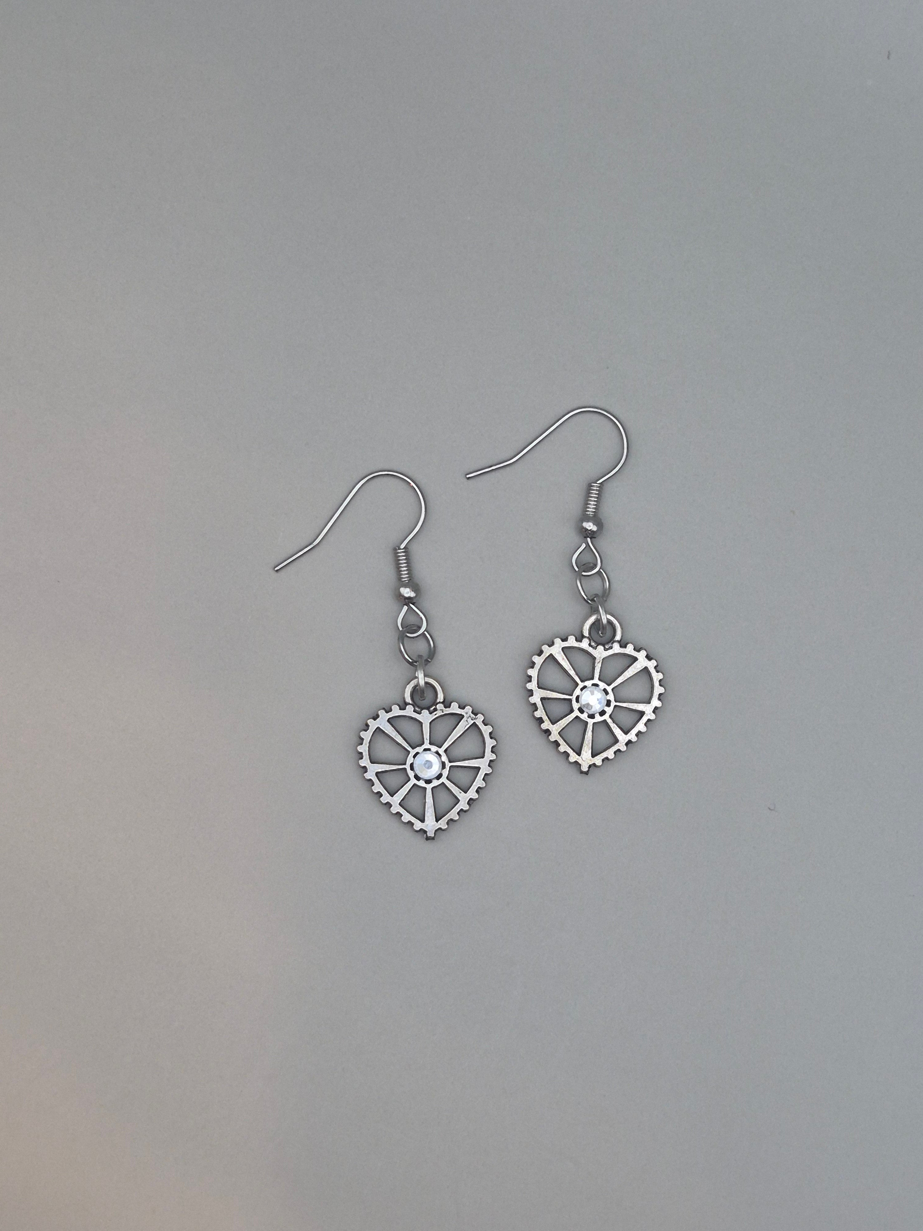 Cog Heart Earrings White