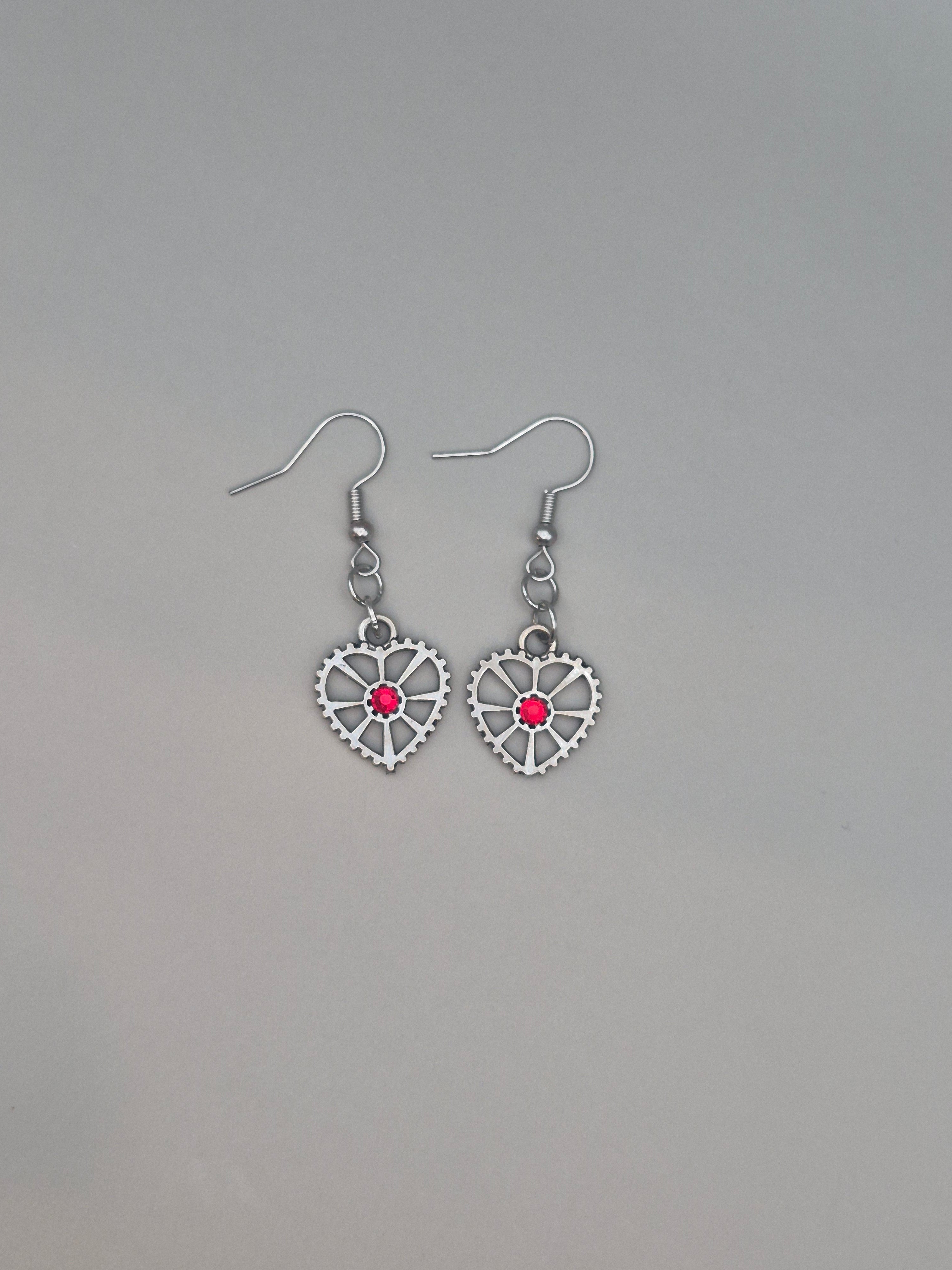 Cog Heart Earrings Red